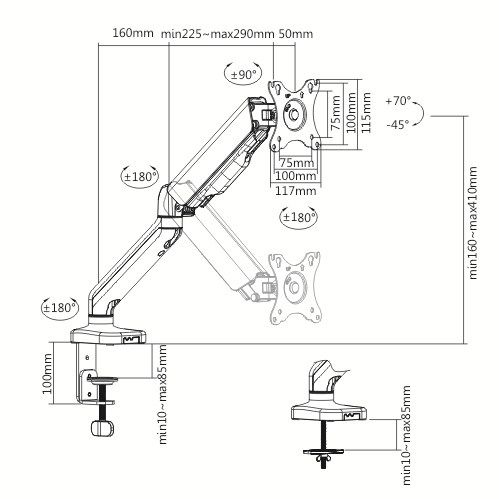 MAD10G Single Monitor Arm Gas Spring 17”- 32”