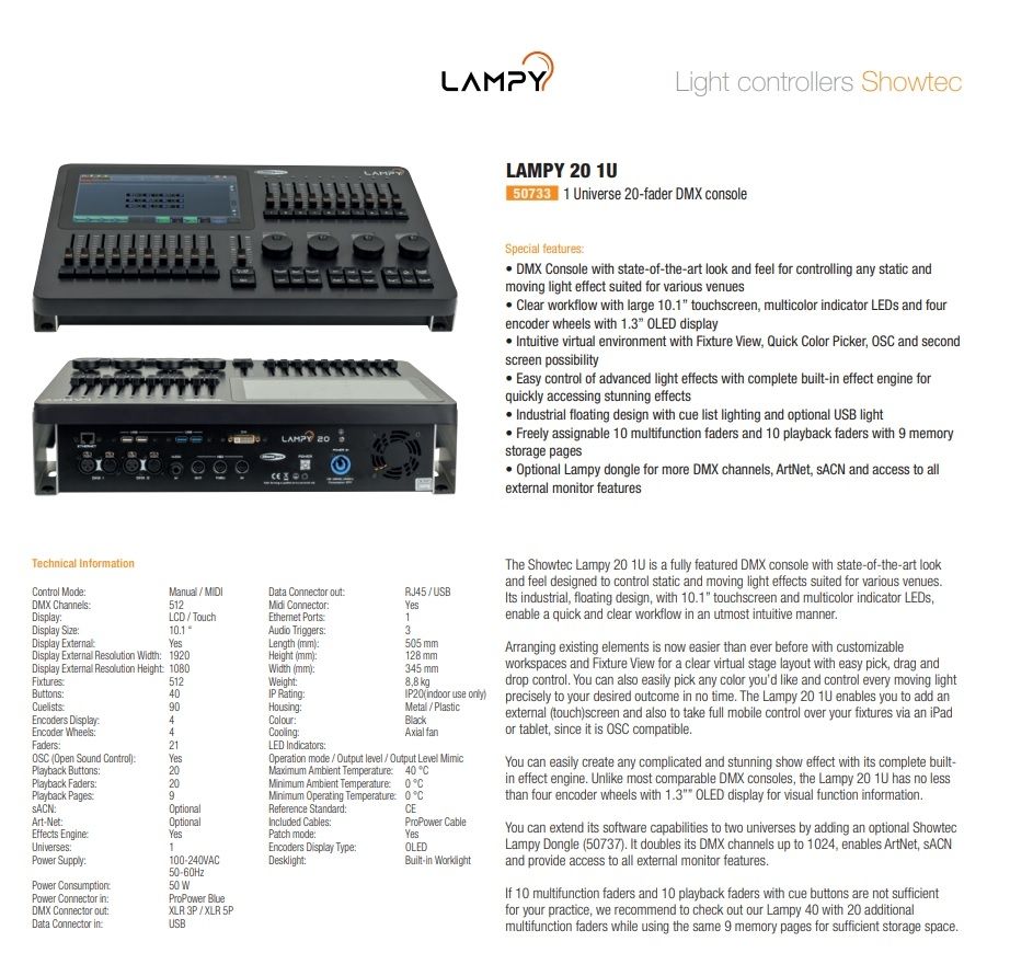 LAMPY 20 1U One Universe 20-fader DMX console