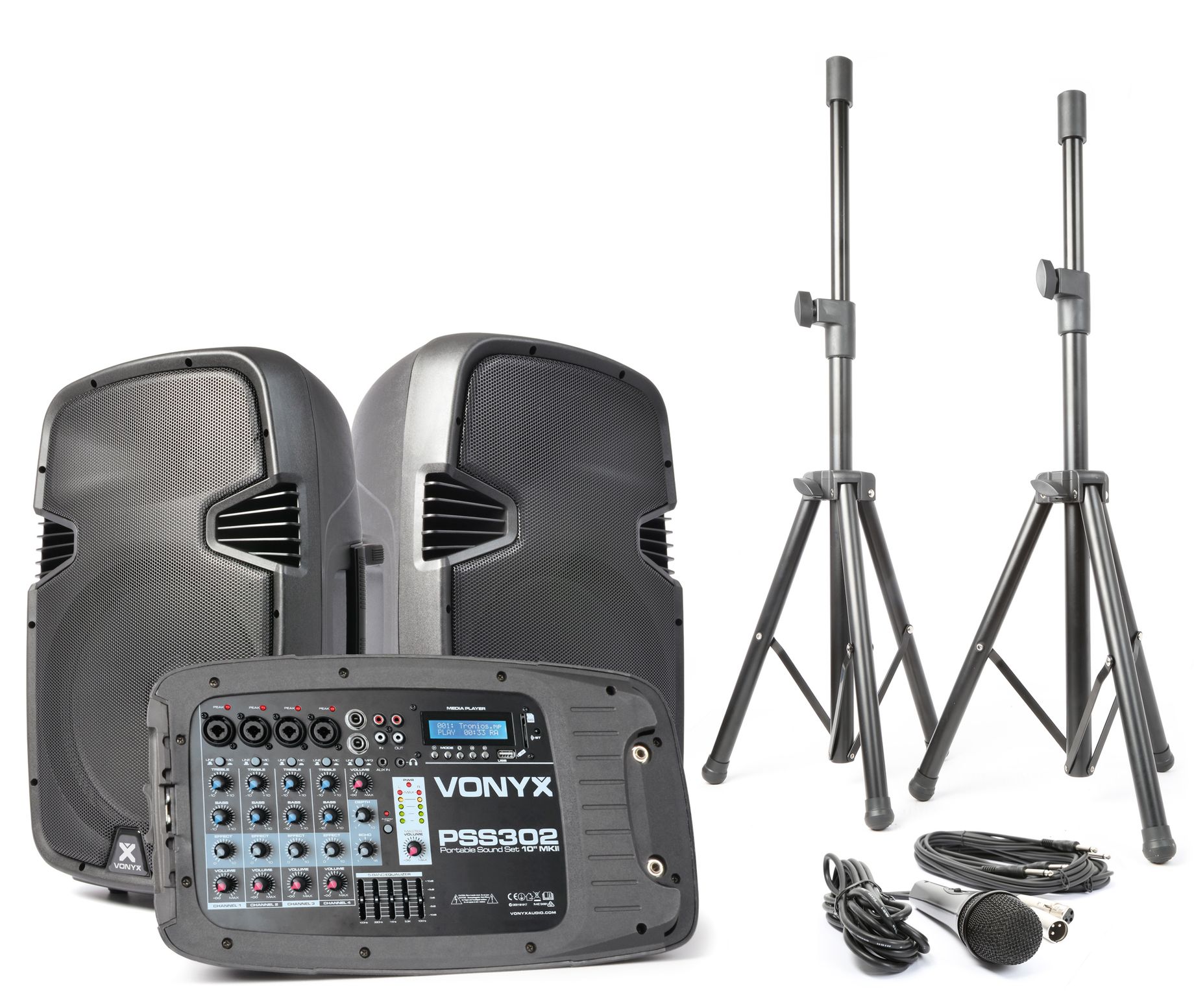 PSS302 Portable Sound Set 10" SD/USB/MP3/BT with Stands