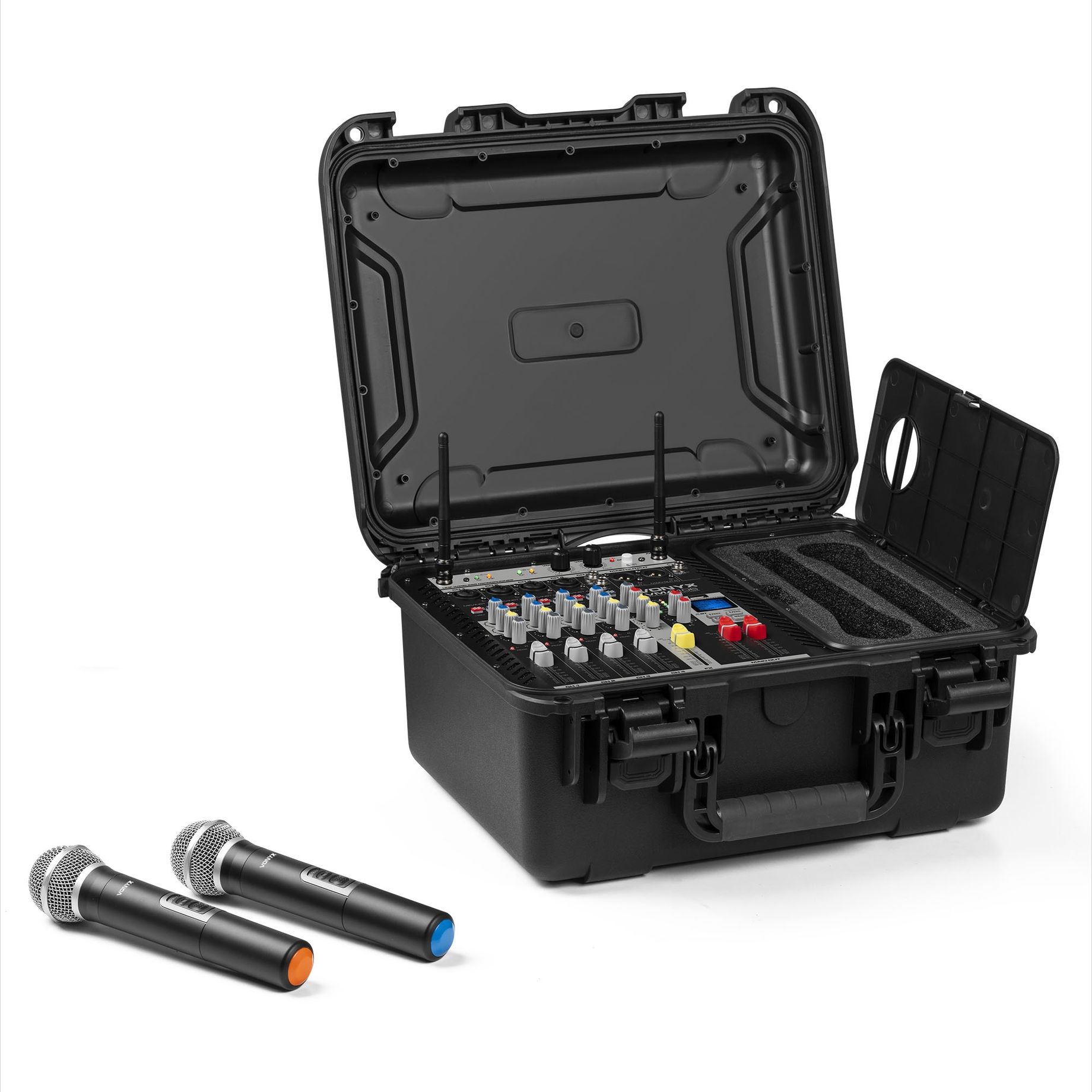 VMA106 6Ch Power mixer in ABS case with 2 UHF wireless Microphones