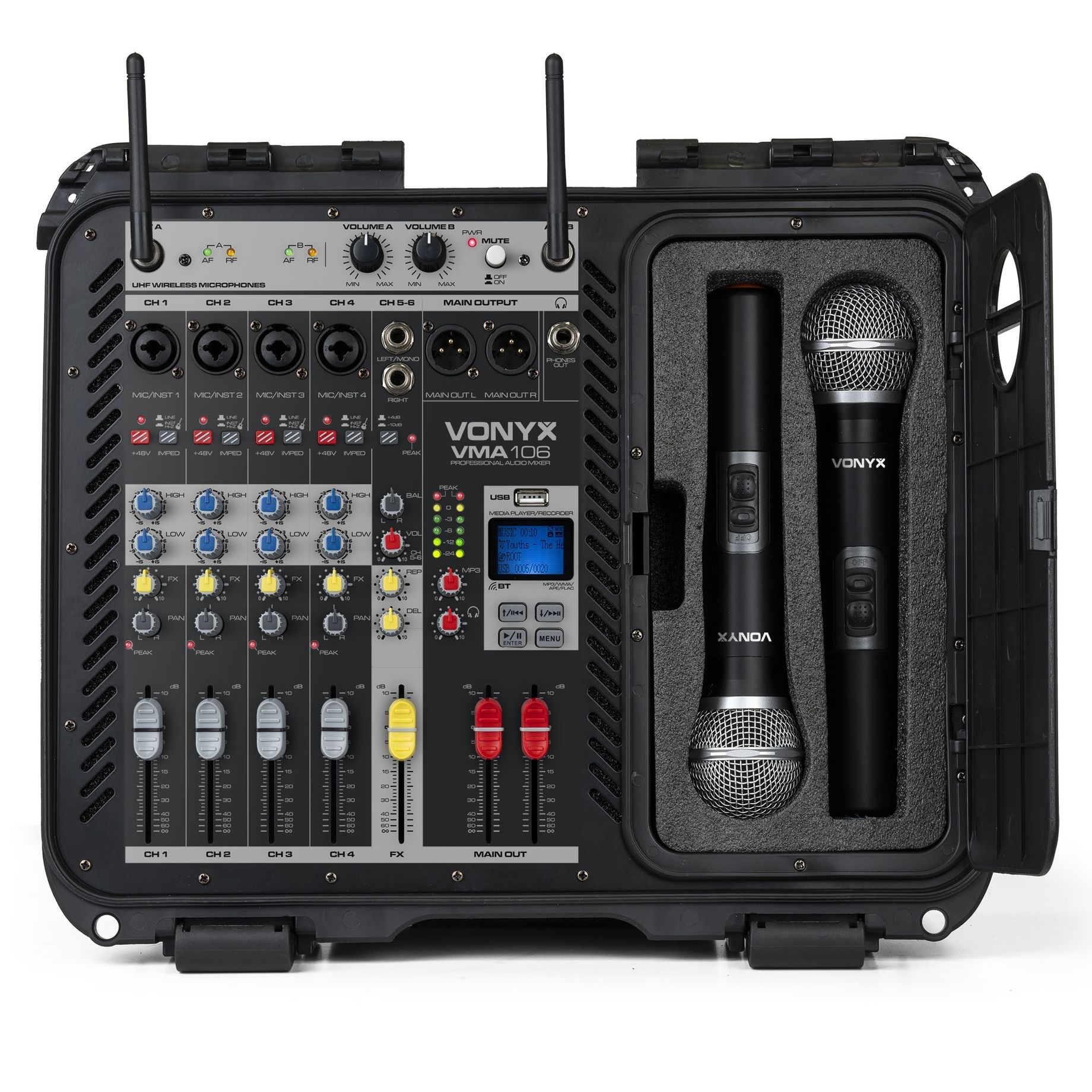 VMA106 6Ch Power mixer in ABS case with 2 UHF wireless Microphones