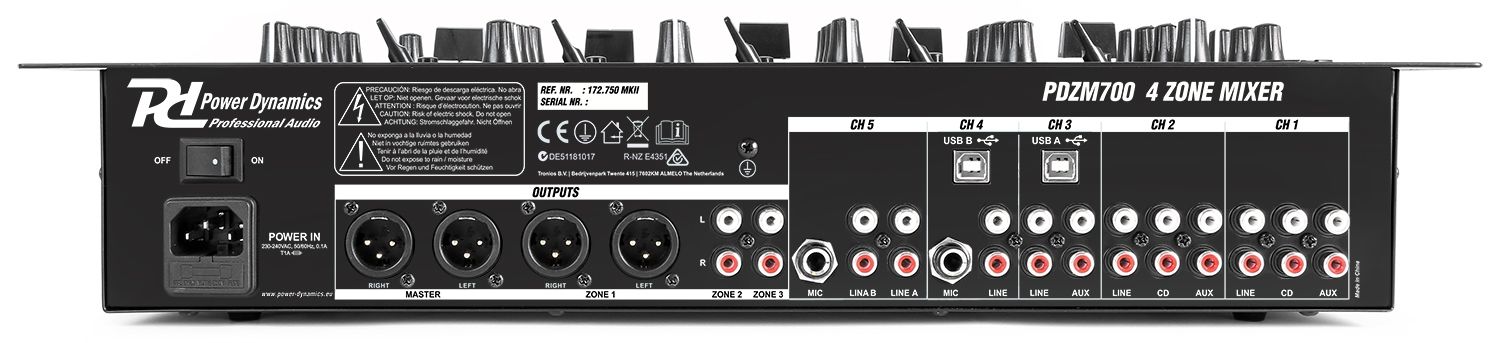 PDZM700 6 Channel Installation Mixer USB 4 zones