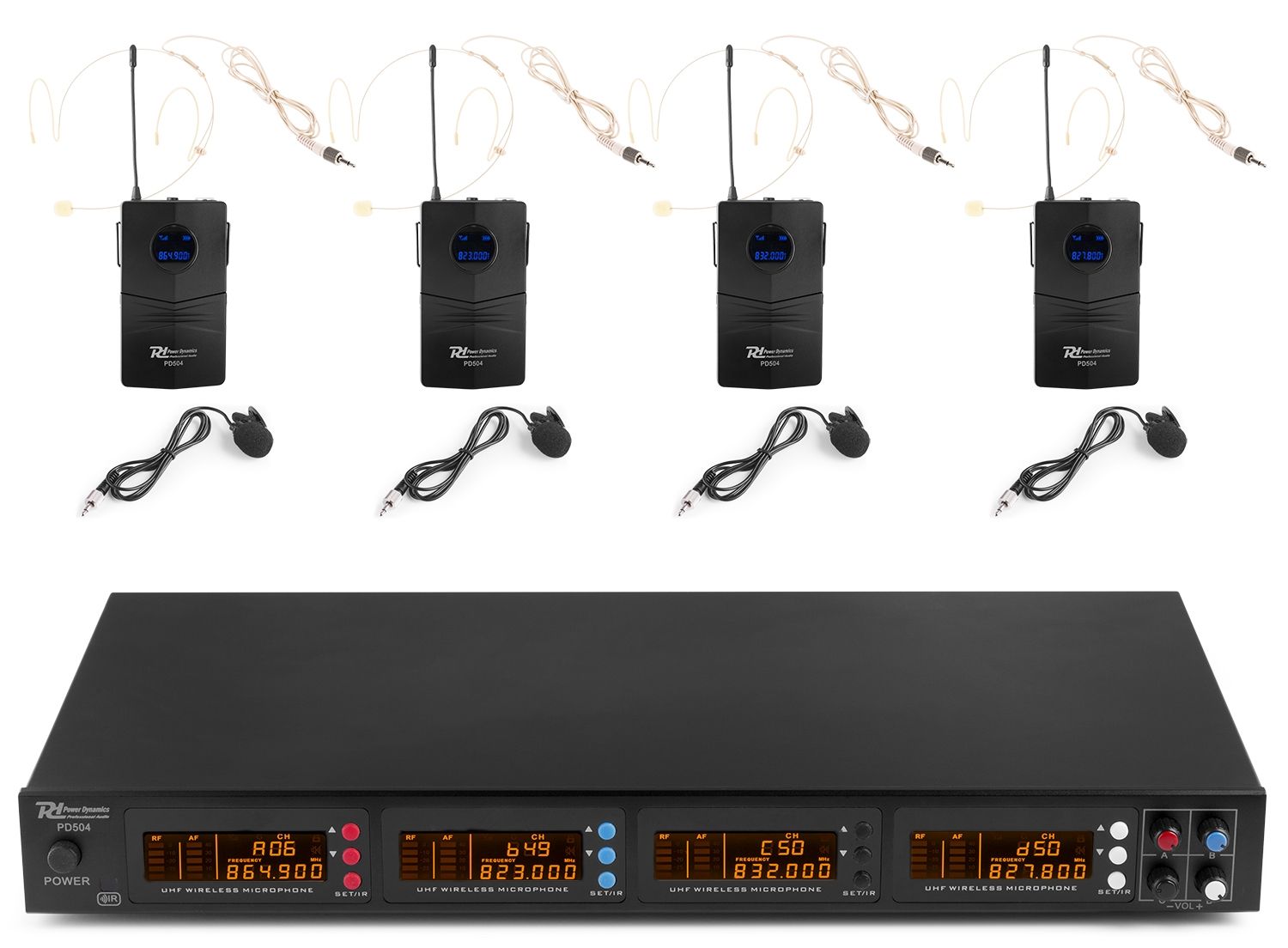 PD504B 4x 50-Channel UHF Wireless Microphone Set with 4 bodypack microphones