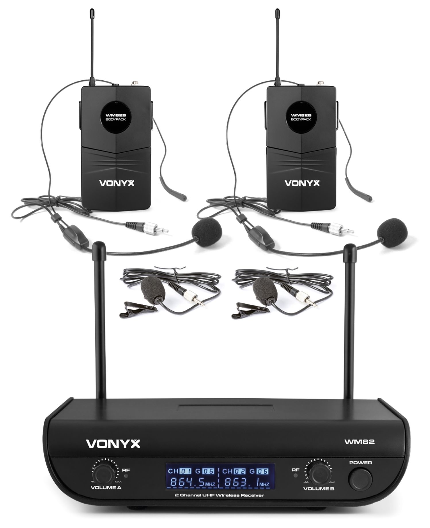 WM82B Digital UHF 2-Channel Wireless Microphone Set with 2 Bodypacks